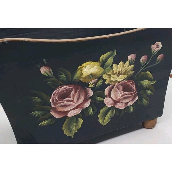 Vintage Toleware Hand Painted Roses Black Jardiniere Cache Pot Decor Vanity - Picture 2 of 12
